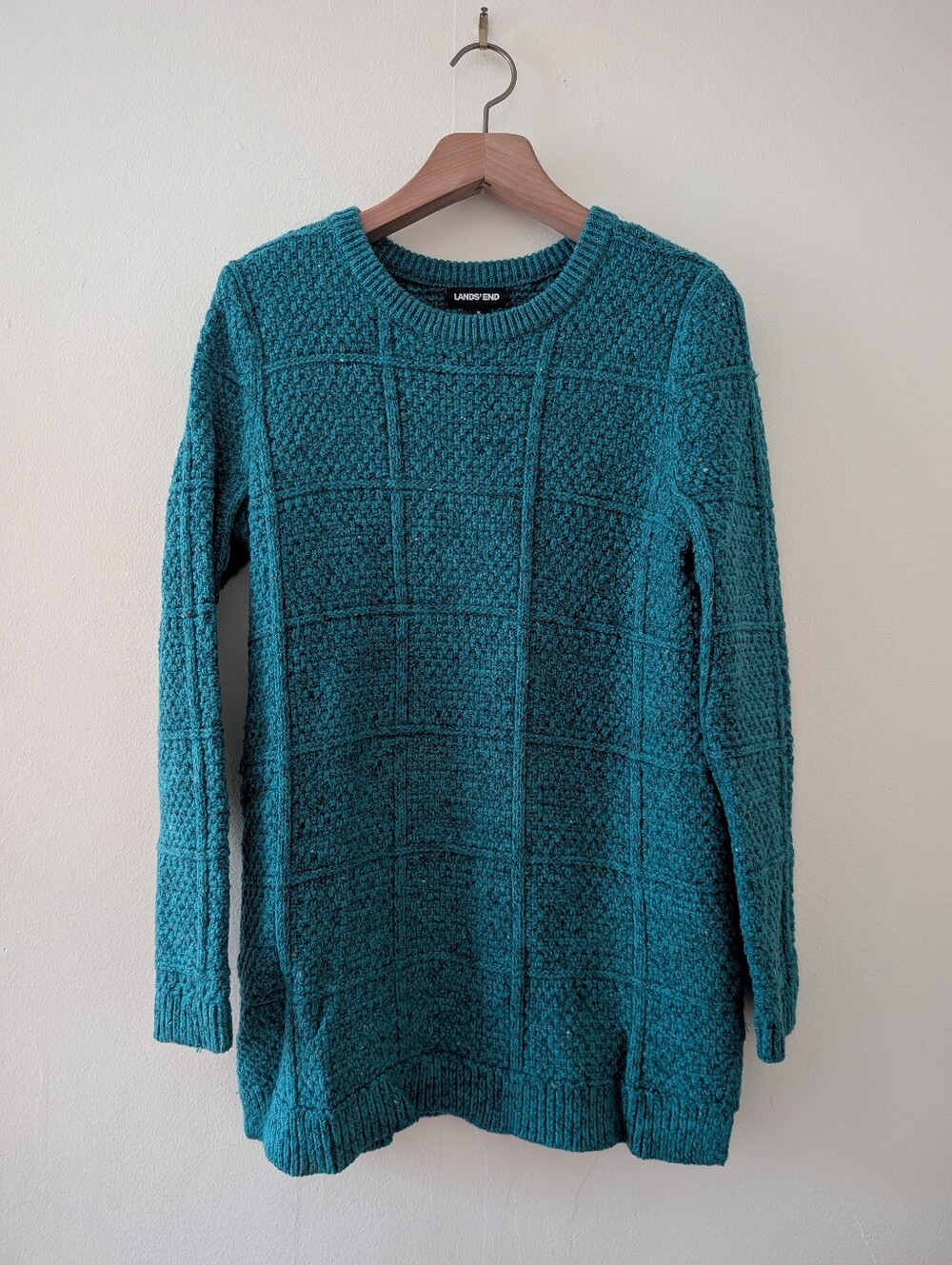Lands End Windowpane Grid Textured Tunic Sweater Teal Blue Crewneck Knit